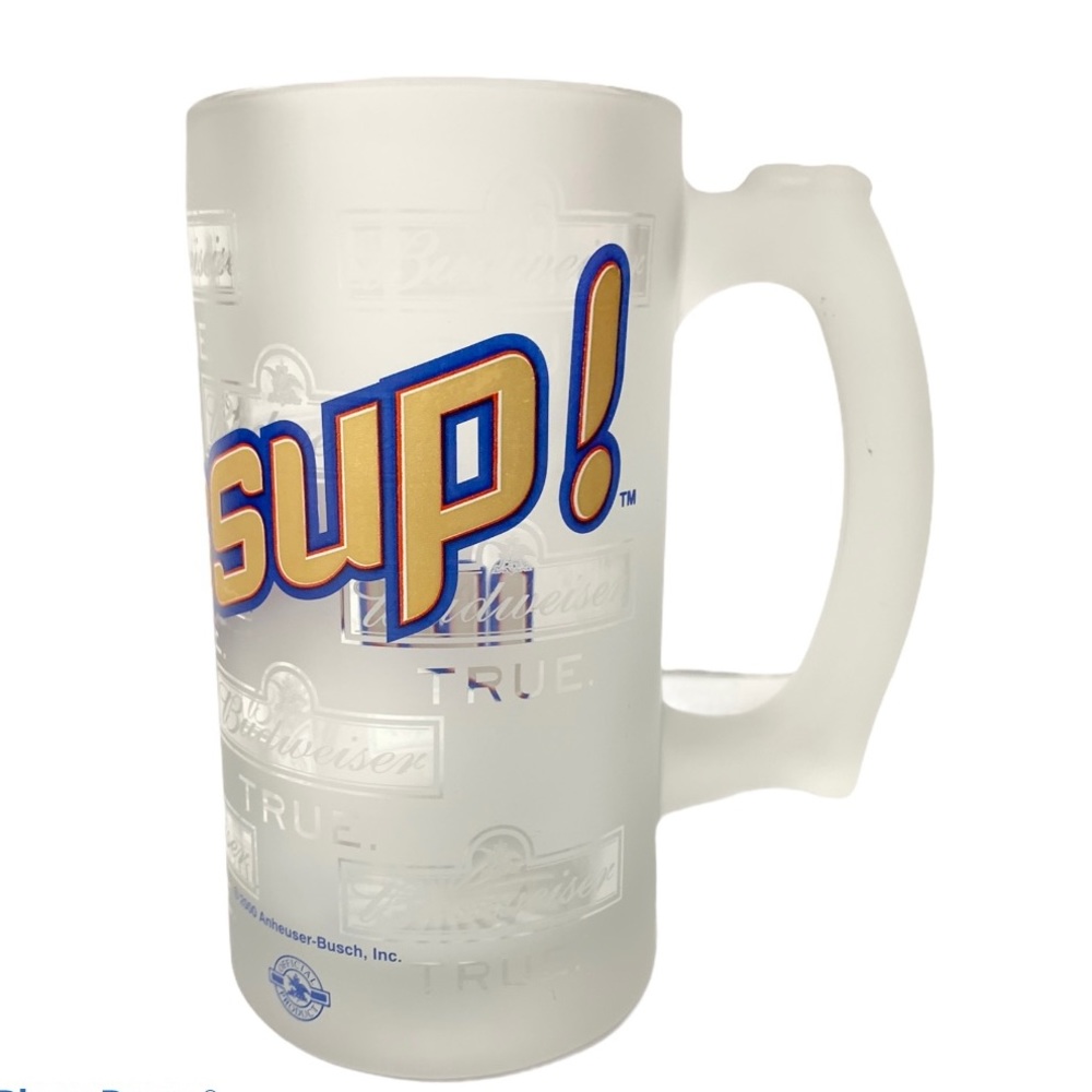 BUDWEISER 2000 Frosted Etched Beer Mug Whassup!